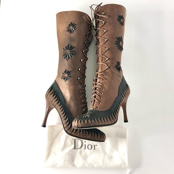 Dior Fall 2000 Galliano Vintage Floral Cutout Laceup Western Heeled Boots 37 - Picture 1 of 9